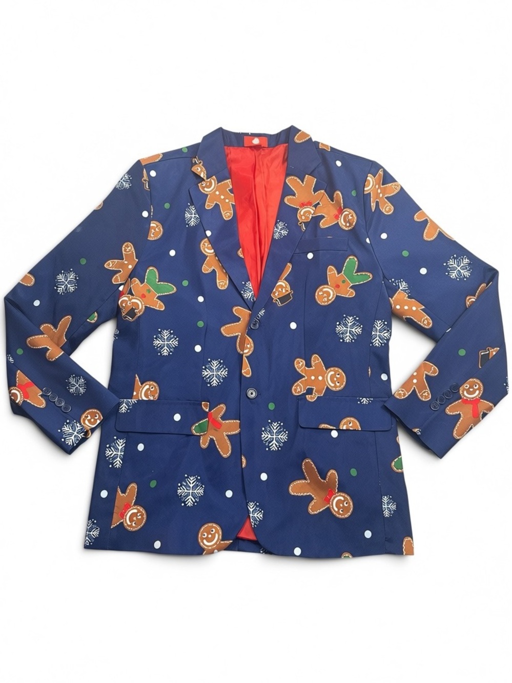 Medium Navy Holiday Gingerbread Print Blazer Red Lining Christmas Party Ugly